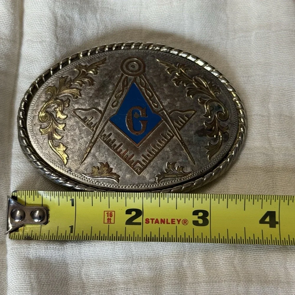 VTG Masonic Belt Buckle Freemason Square Compasses Blue Enamel Western Made USA